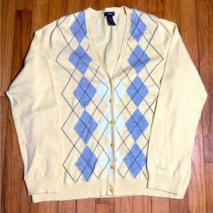 Izod Ladies Yellow Gray Argyle Cardigan 100% Cotton Size Large